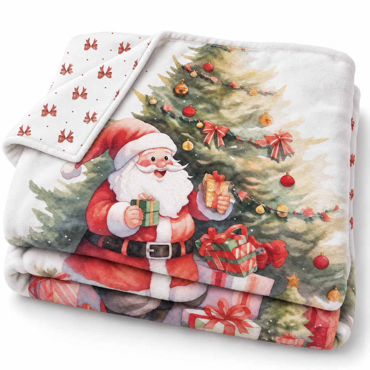 Gefaltete Kuscheldecke „Weihnachtsmann“ mit umgeschlagener Ecke auf weißem Hintergrund.