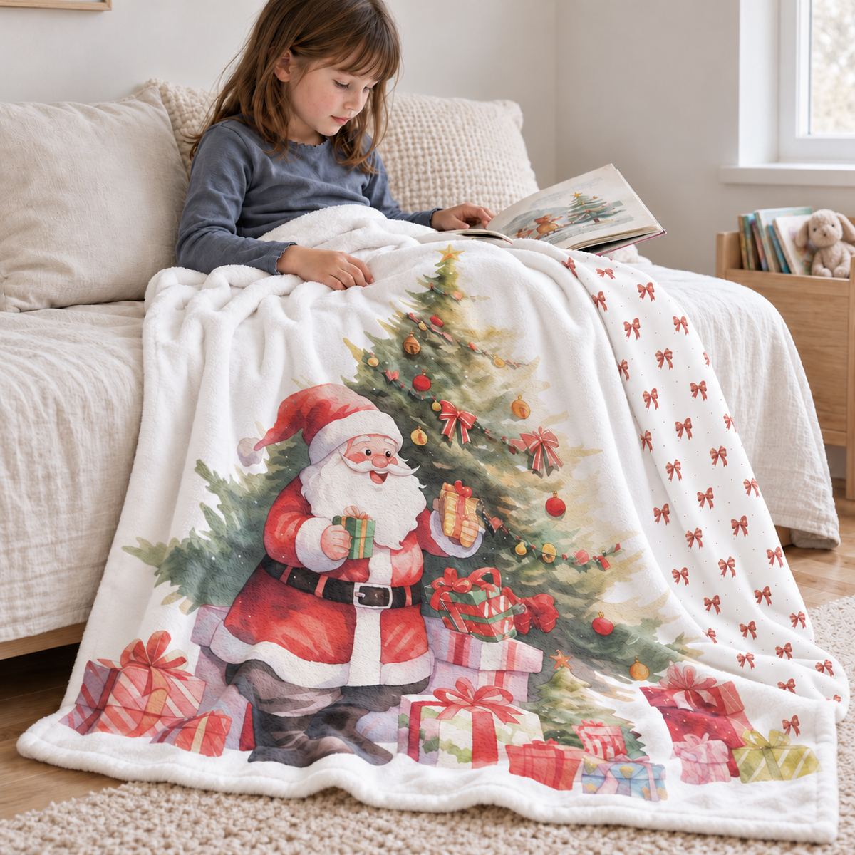 Kind liest auf dem Sofa unter der Kuscheldecke „Weihnachtsmann“.