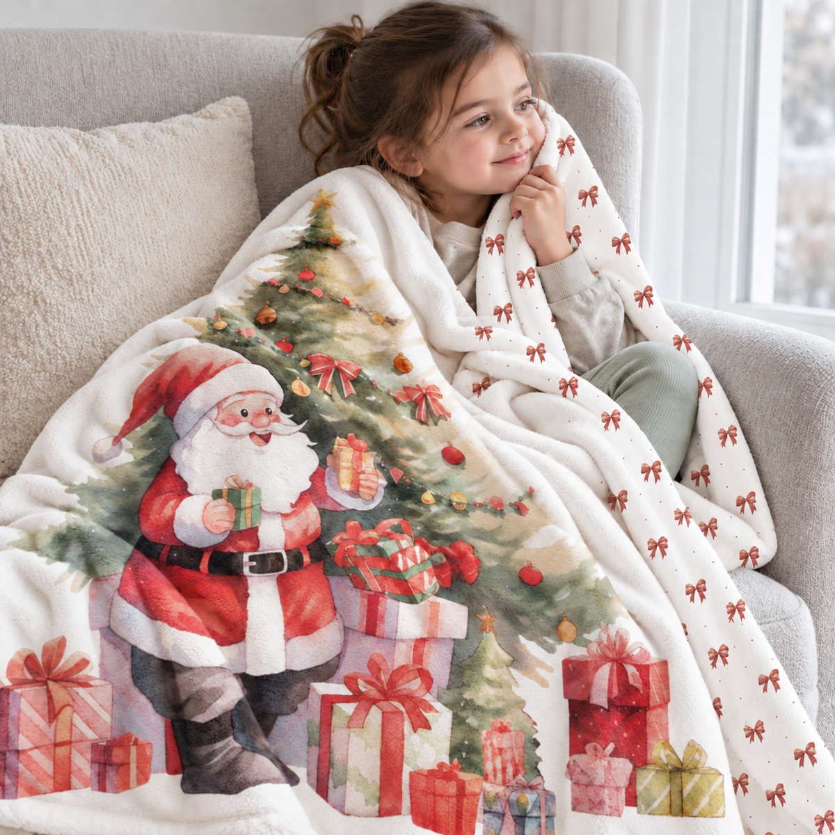 Kind auf dem Sofa, eingekuschelt in die Kuscheldecke „Weihnachtsmann“.