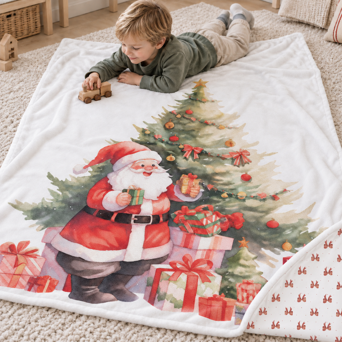 Kind spielt am Boden mit der Kuscheldecke „Weihnachtsmann“.