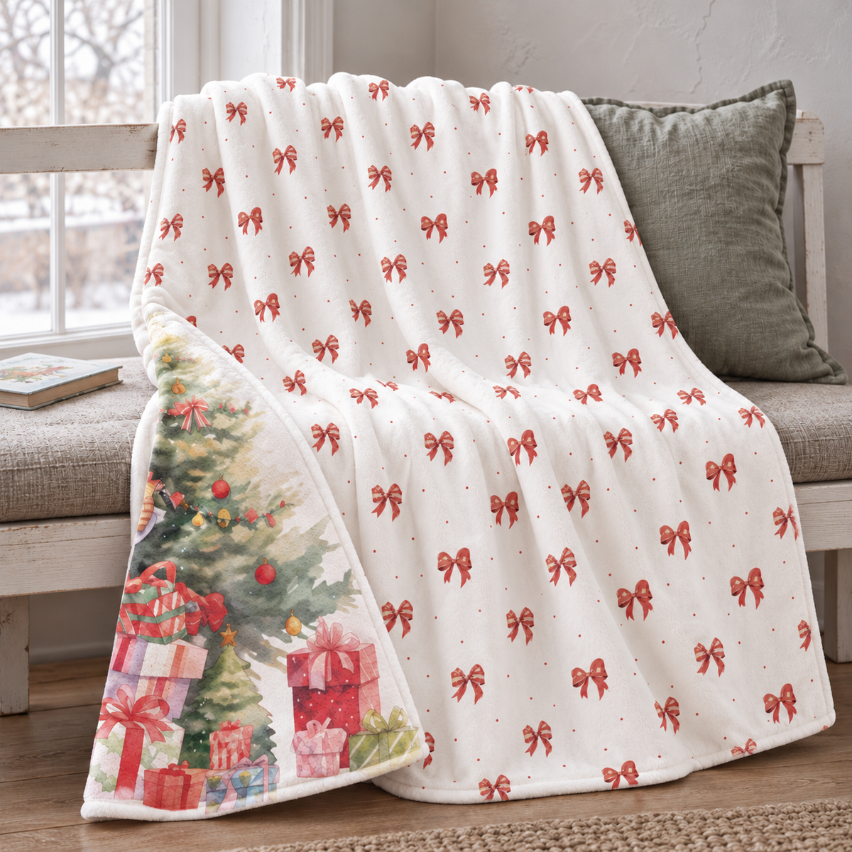 Kuscheldecke „Weihnachtsmann“ über einem Sofa drapiert.