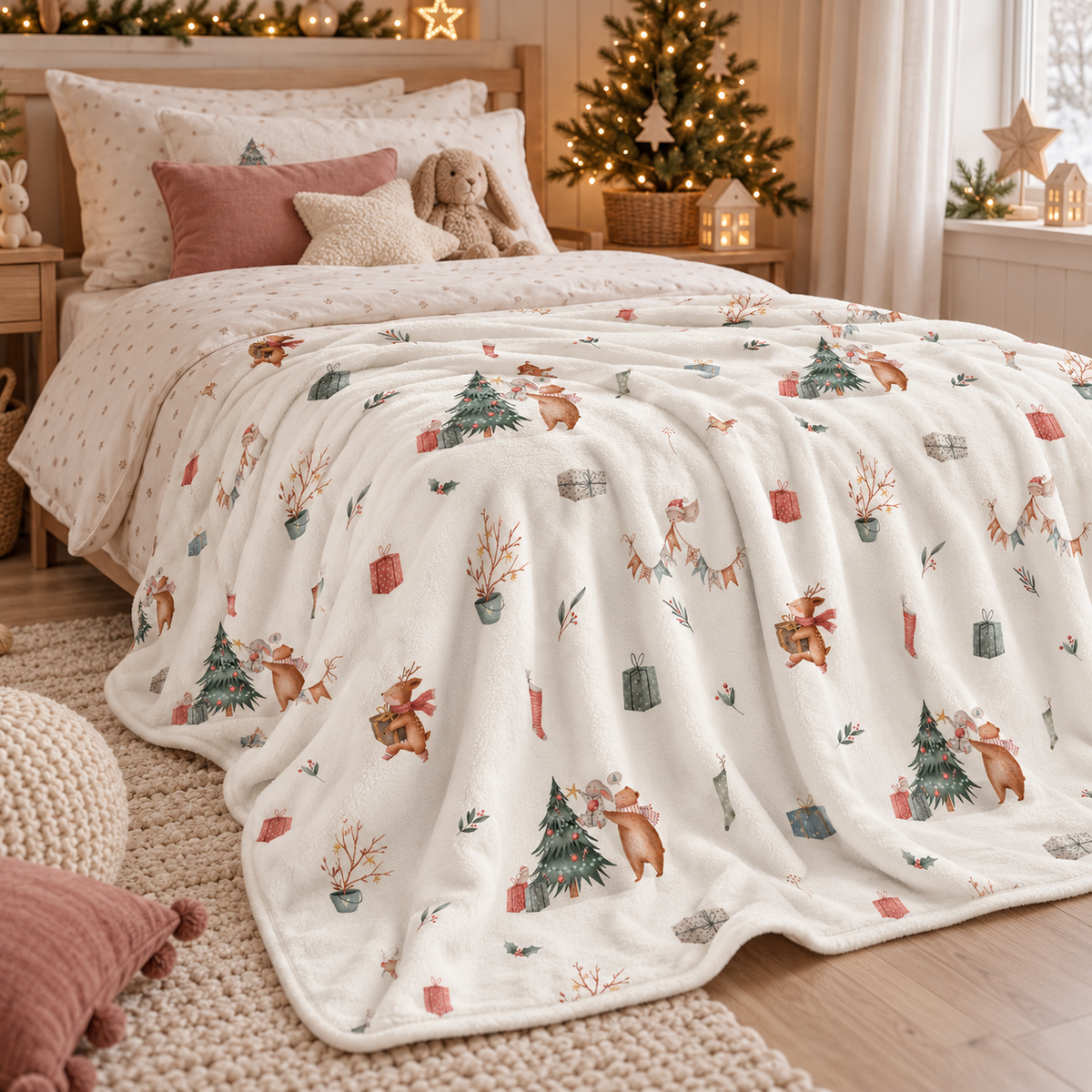 Kuscheldecke „Weihnachtswald“ auf einem Bett ausgebreitet.