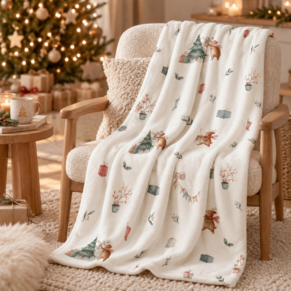 Kuscheldecke „Weihnachtswald“ über einem Sessel im gemütlichen Wohnraum.