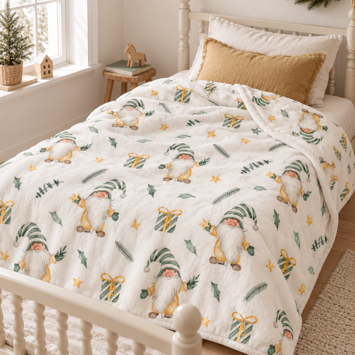 Kuscheldecke „Weihnachtszwerg“ auf einem Bett ausgebreitet.