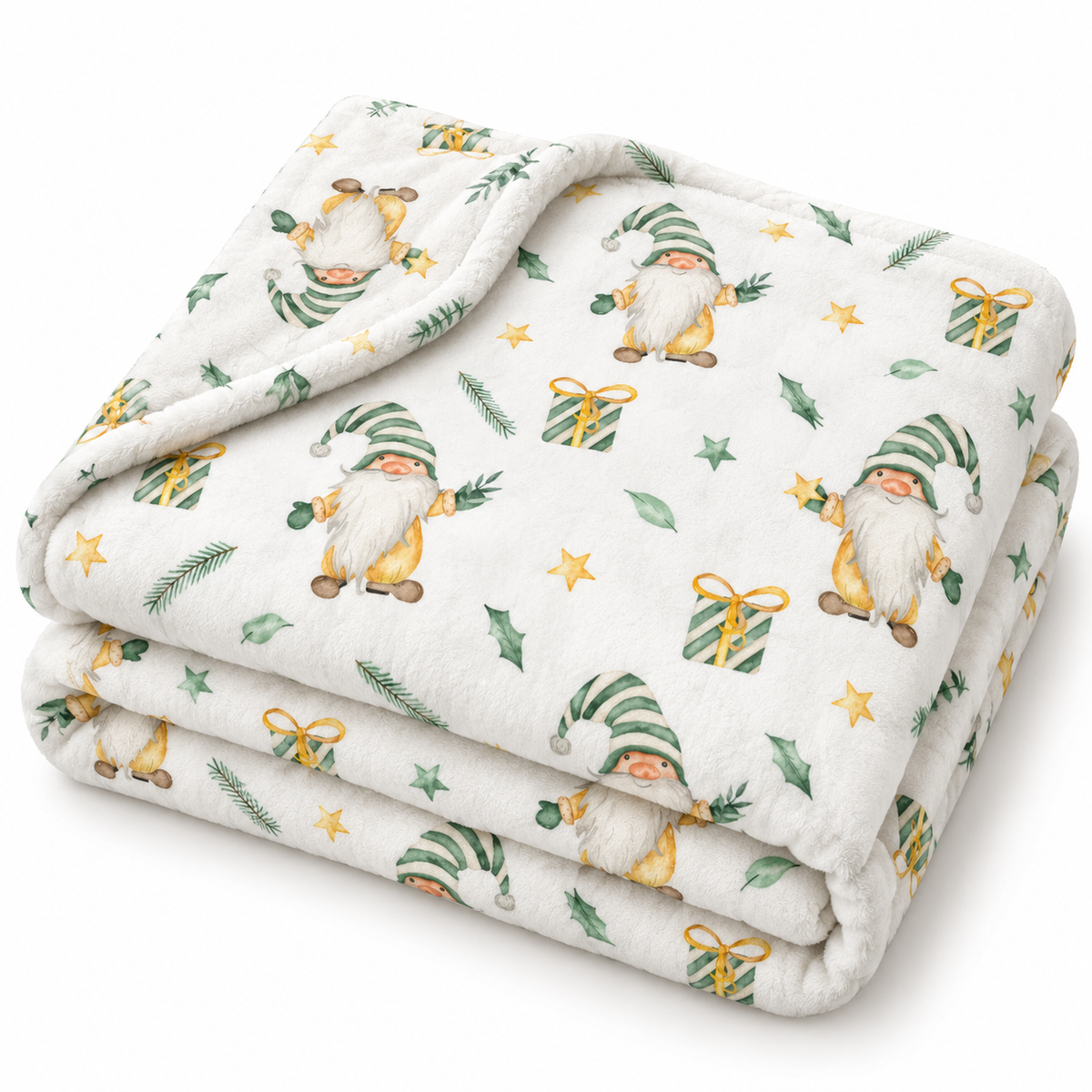 Gefaltete Kuscheldecke „Weihnachtszwerg“ mit umgeschlagener Ecke auf weißem Hintergrund.