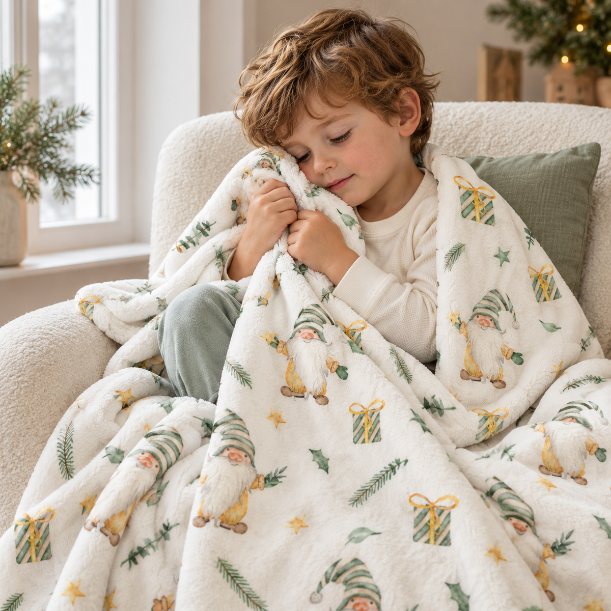 Kind im Sessel, eingekuschelt in die Kuscheldecke „Weihnachtszwerg“.