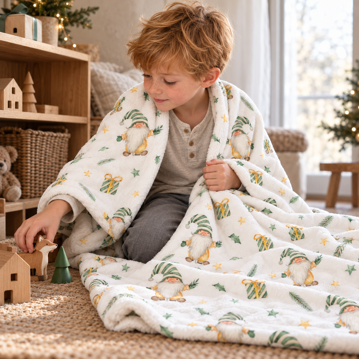 Kind spielt auf dem Teppich, eingehüllt in die Kuscheldecke „Weihnachtszwerg“.