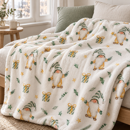 Kuscheldecke „Weihnachtszwerg“ über einem Sofa.