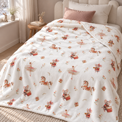 Kuscheldecke „Winterballett“ auf einem Bett ausgebreitet.