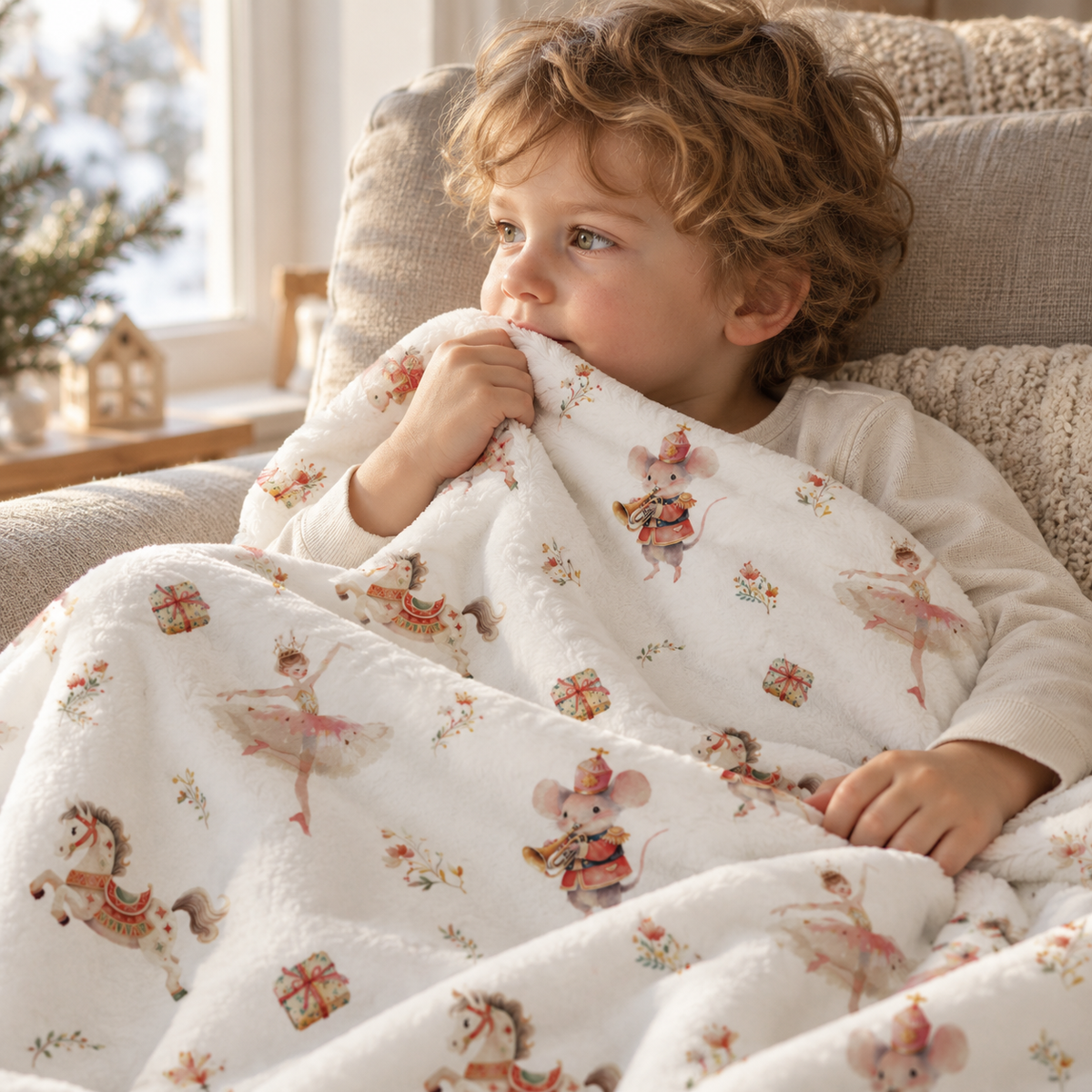 Kind im Sessel, eingekuschelt in die Kuscheldecke „Winterballett“.