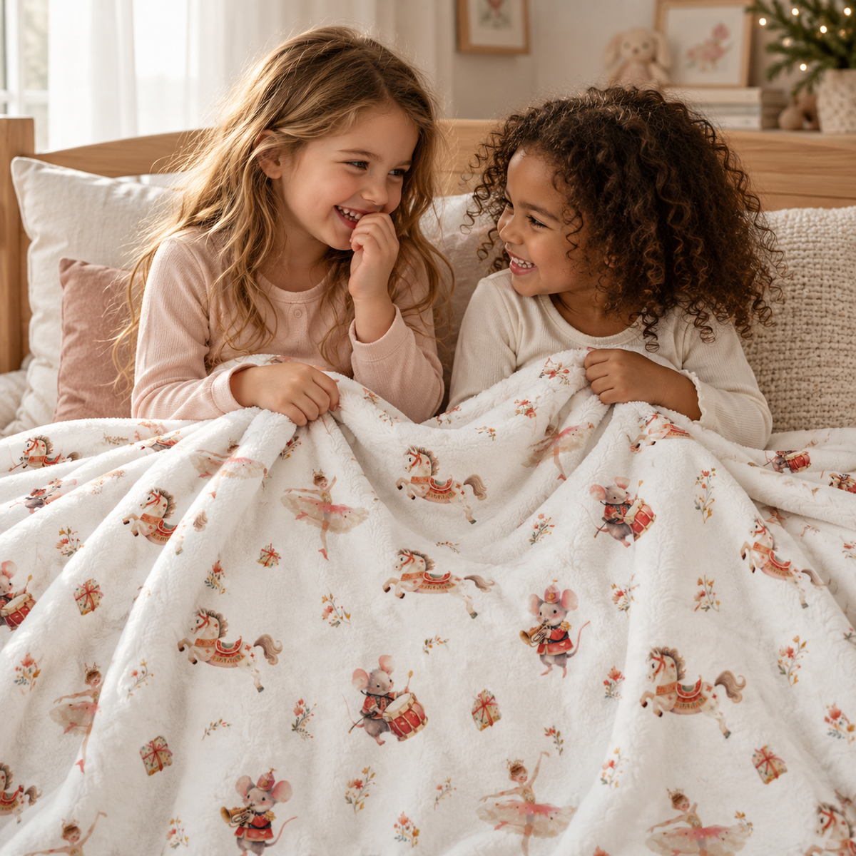 Zwei Kinder auf dem Sofa unter der Kuscheldecke „Winterballett“.