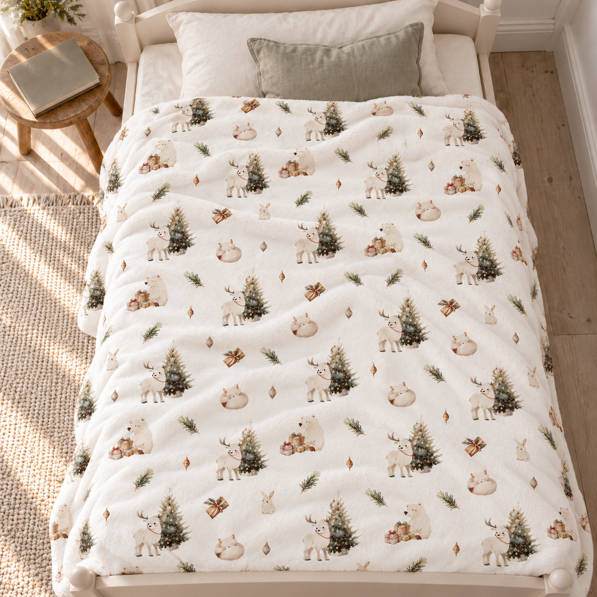 Kuscheldecke „Winterwald“ auf einem Bett ausgebreitet.