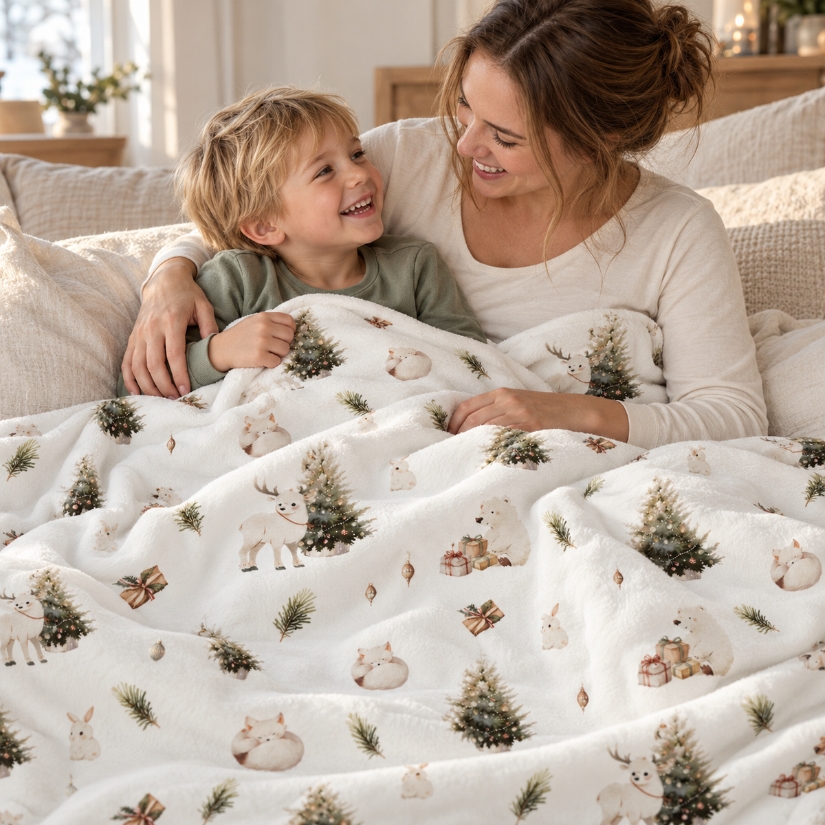 Eine Frau und ein Kind kuscheln auf dem Sofa unter der Kuscheldecke „Winterwald“.