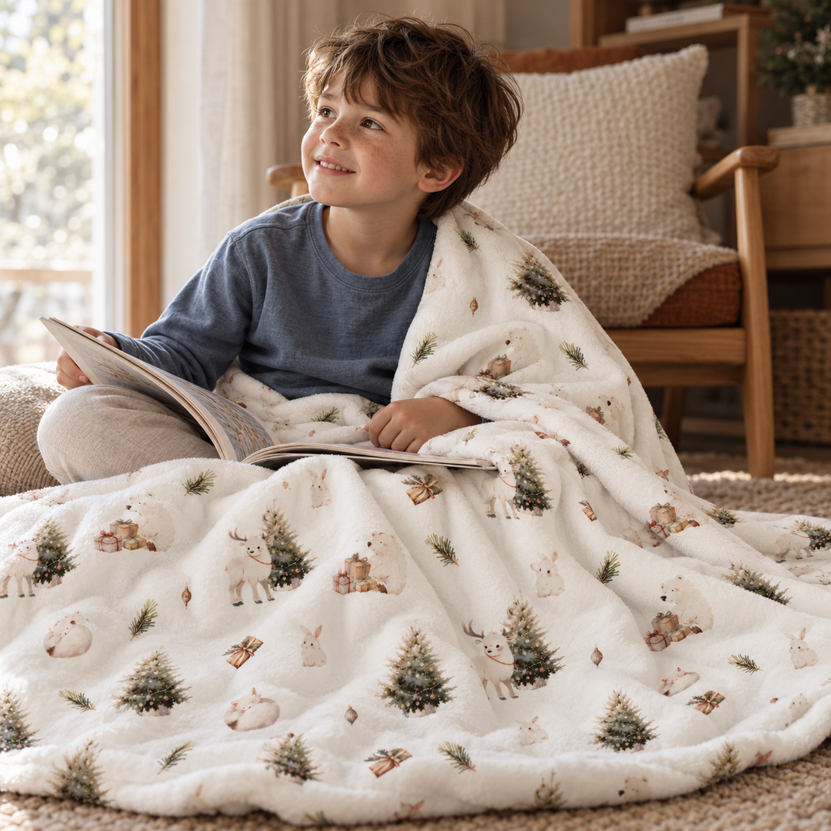 Kind liest auf dem Teppich, eingehüllt in die Kuscheldecke „Winterwald“.