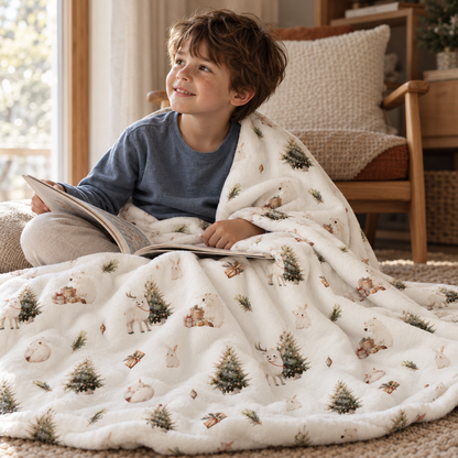 Kind liest auf dem Teppich, eingehüllt in die Kuscheldecke „Winterwald“.