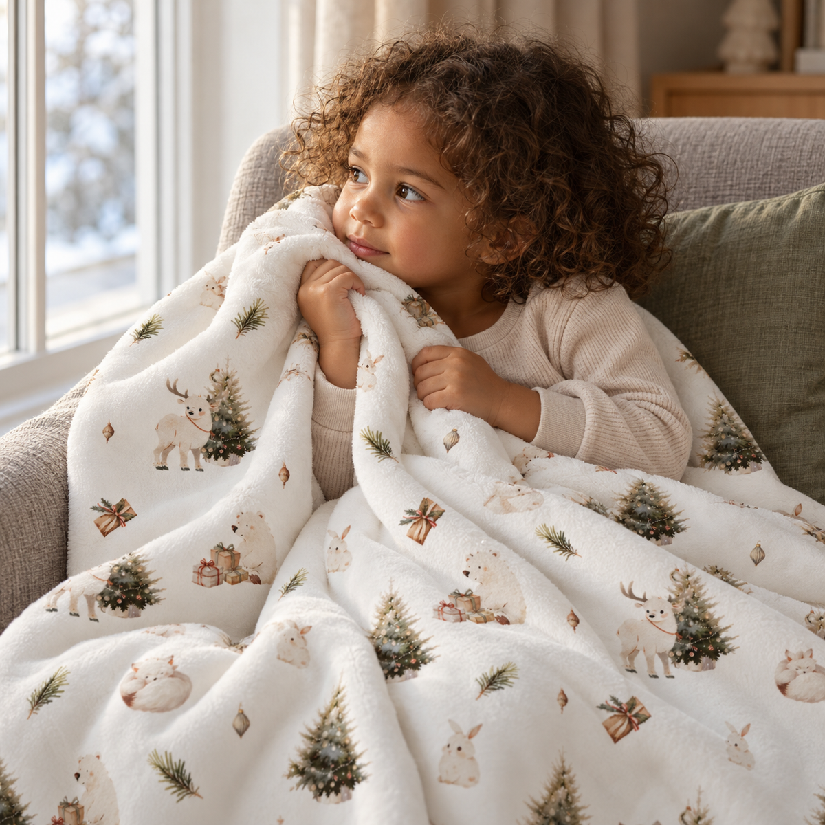 Kind im Sessel, eingekuschelt in die Kuscheldecke „Winterwald“.