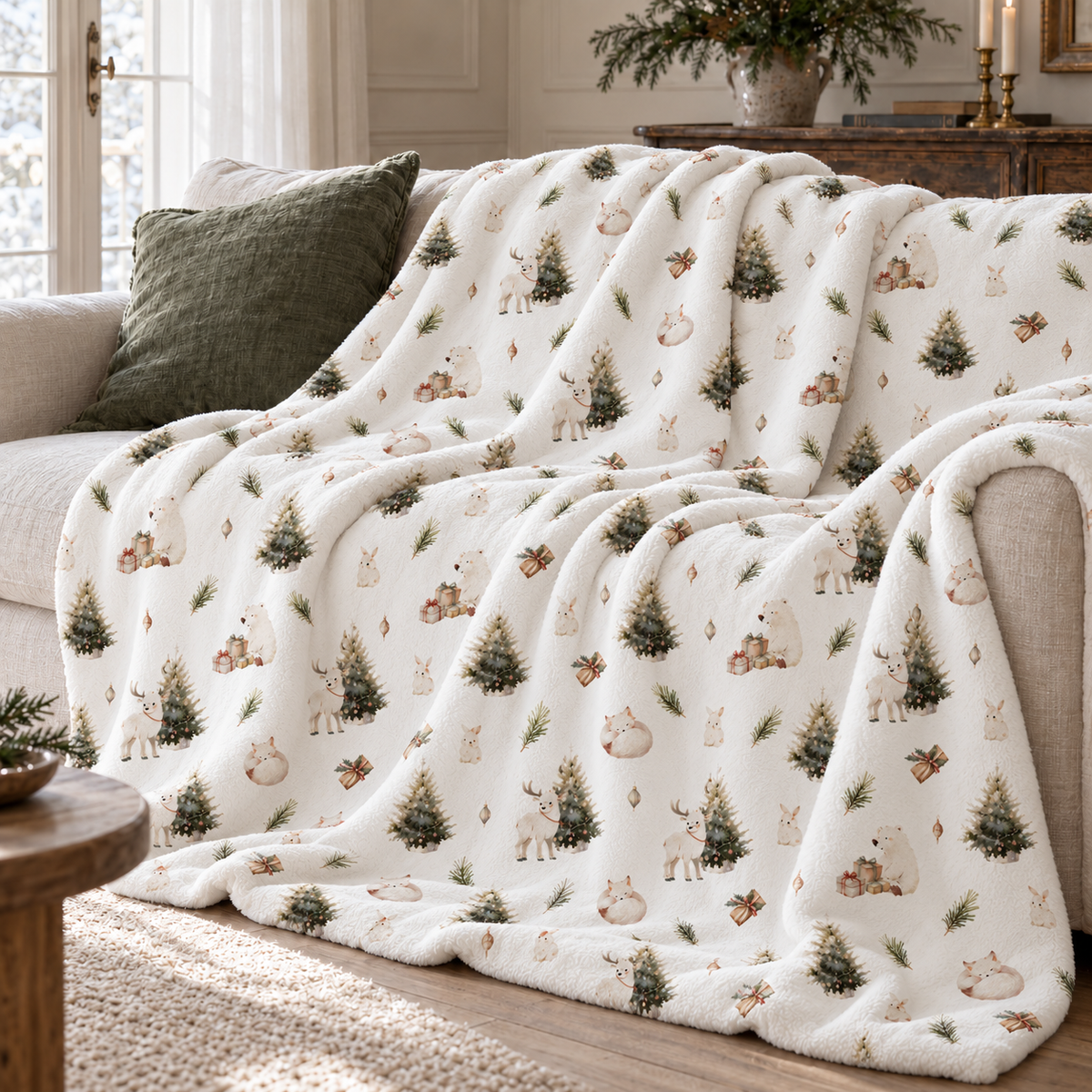 Kuscheldecke „Winterwald“ über einem Sofa.