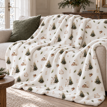 Kuscheldecke „Winterwald“ über einem Sofa.