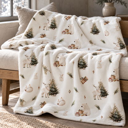 Kuscheldecke „Winterwald“ über einem Sofa.