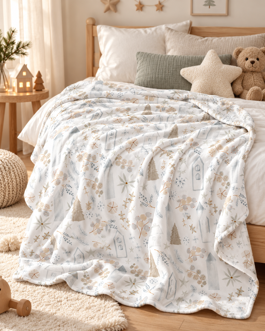 Kuscheldecke „Zauberstadt“ auf einem Bett ausgebreitet.