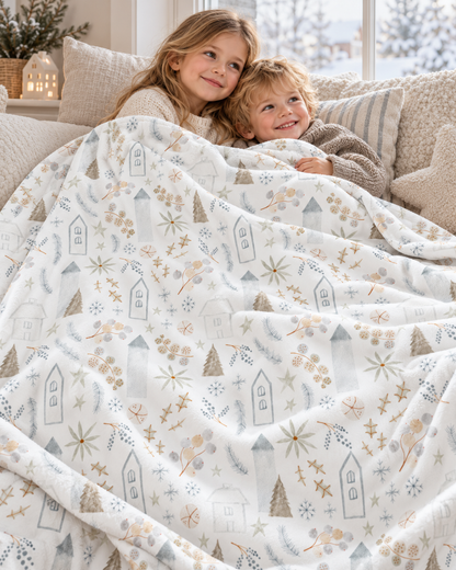 Zwei Kinder kuscheln gemeinsam unter der Kuscheldecke „Zauberstadt“ auf dem Sofa.
