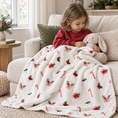 Kind in einem Sessel, eingekuschelt in die Kuscheldecke „Zuckerstangen und Rehe“.