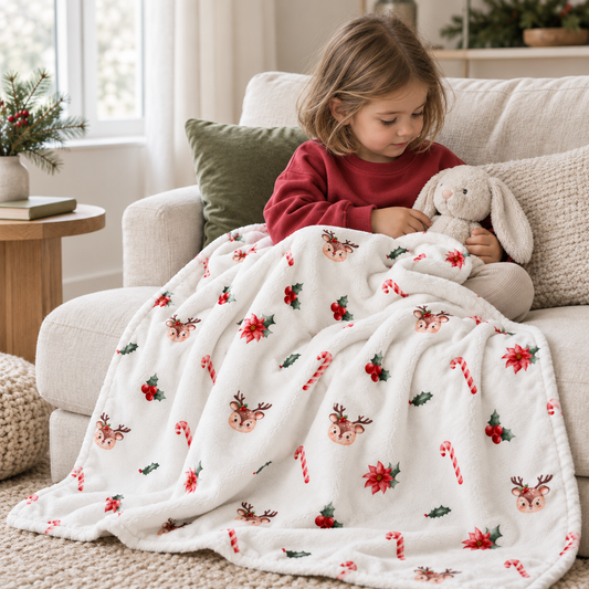 Un enfant dans un fauteuil, blotti dans le plaid « Sucres d’orge et petits cerfs ».