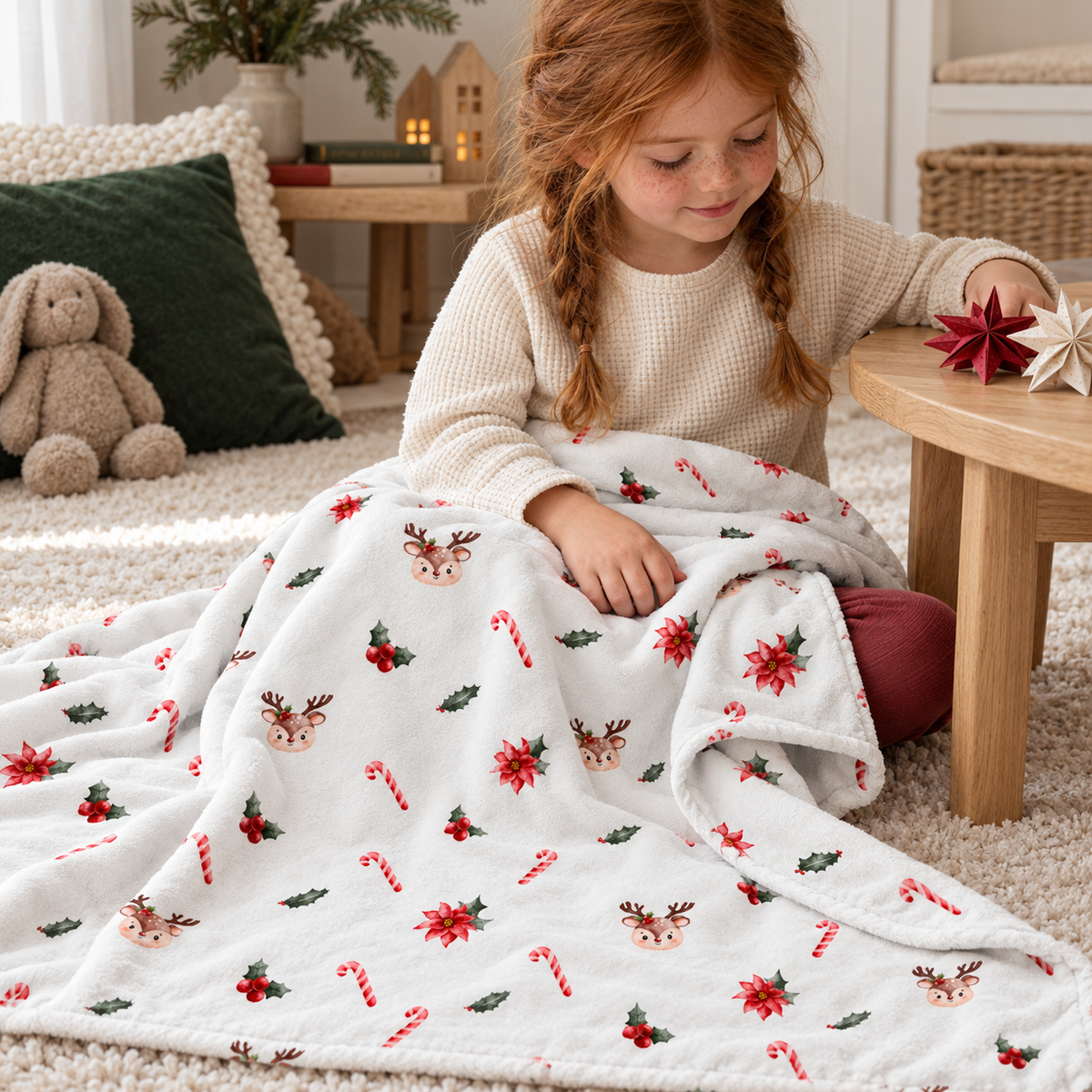 Kind spielt am Boden mit der Kuscheldecke „Zuckerstangen und Rehe“.
