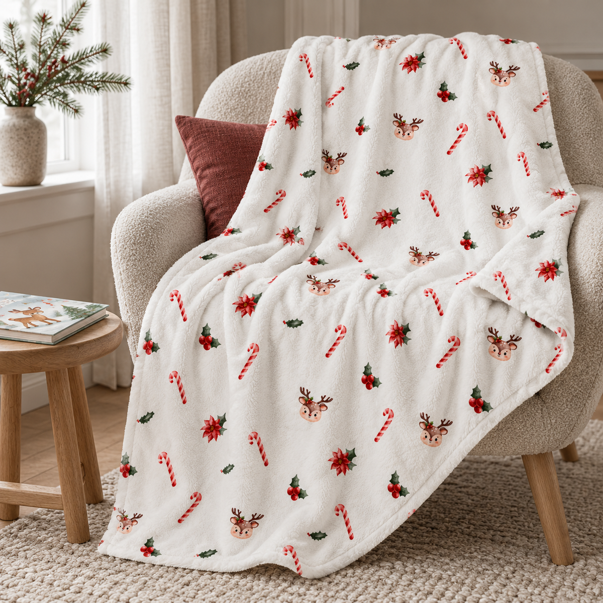 Kuscheldecke „Zuckerstangen und Rehe“ über einem Sessel im gemütlichen Wohnraum.